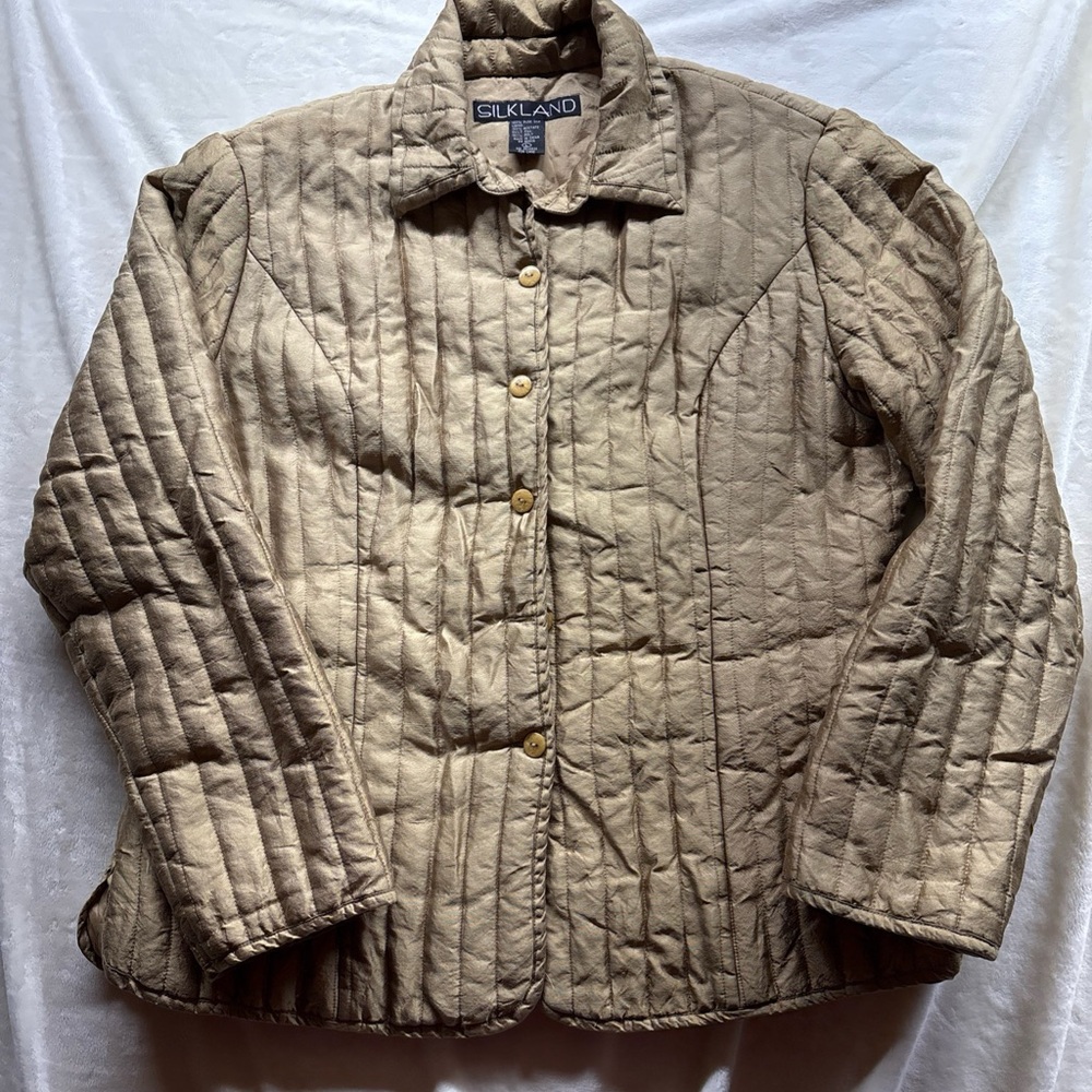 Silkland 100% Silk Quilted Jacket Women L Gold Bronze Button Blazer VTG Mandarin